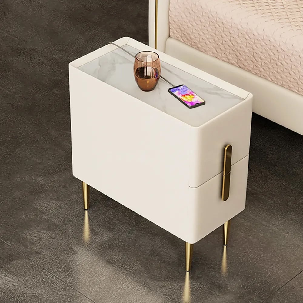 HMR - Inarrow Modern Nightstand Bedside Table with 2 Drawers in Gold Legs