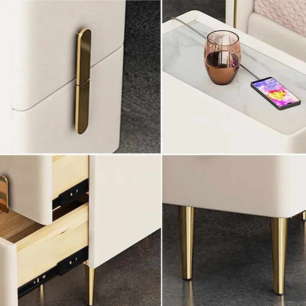 HMR - Inarrow Modern Nightstand Bedside Table with 2 Drawers in Gold Legs