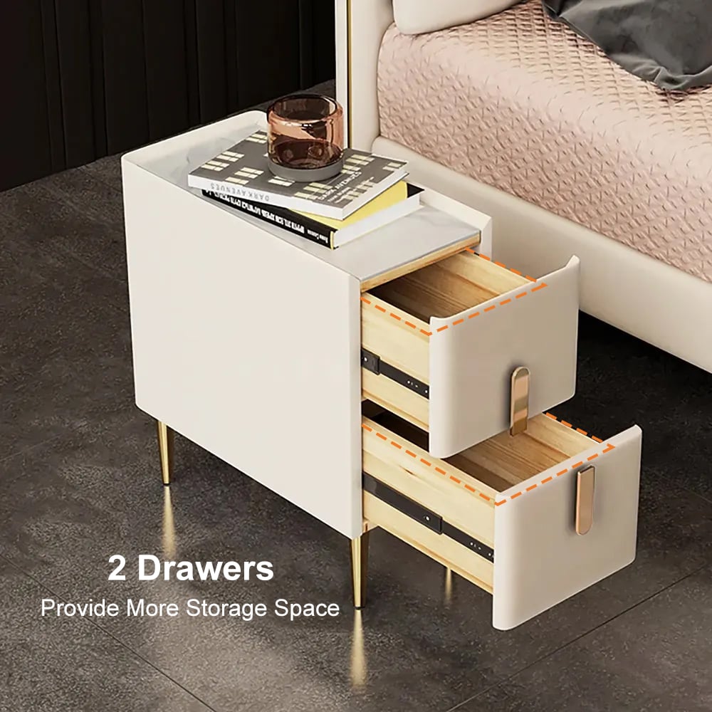 HMR - Inarrow Modern Nightstand Bedside Table with 2 Drawers in Gold Legs