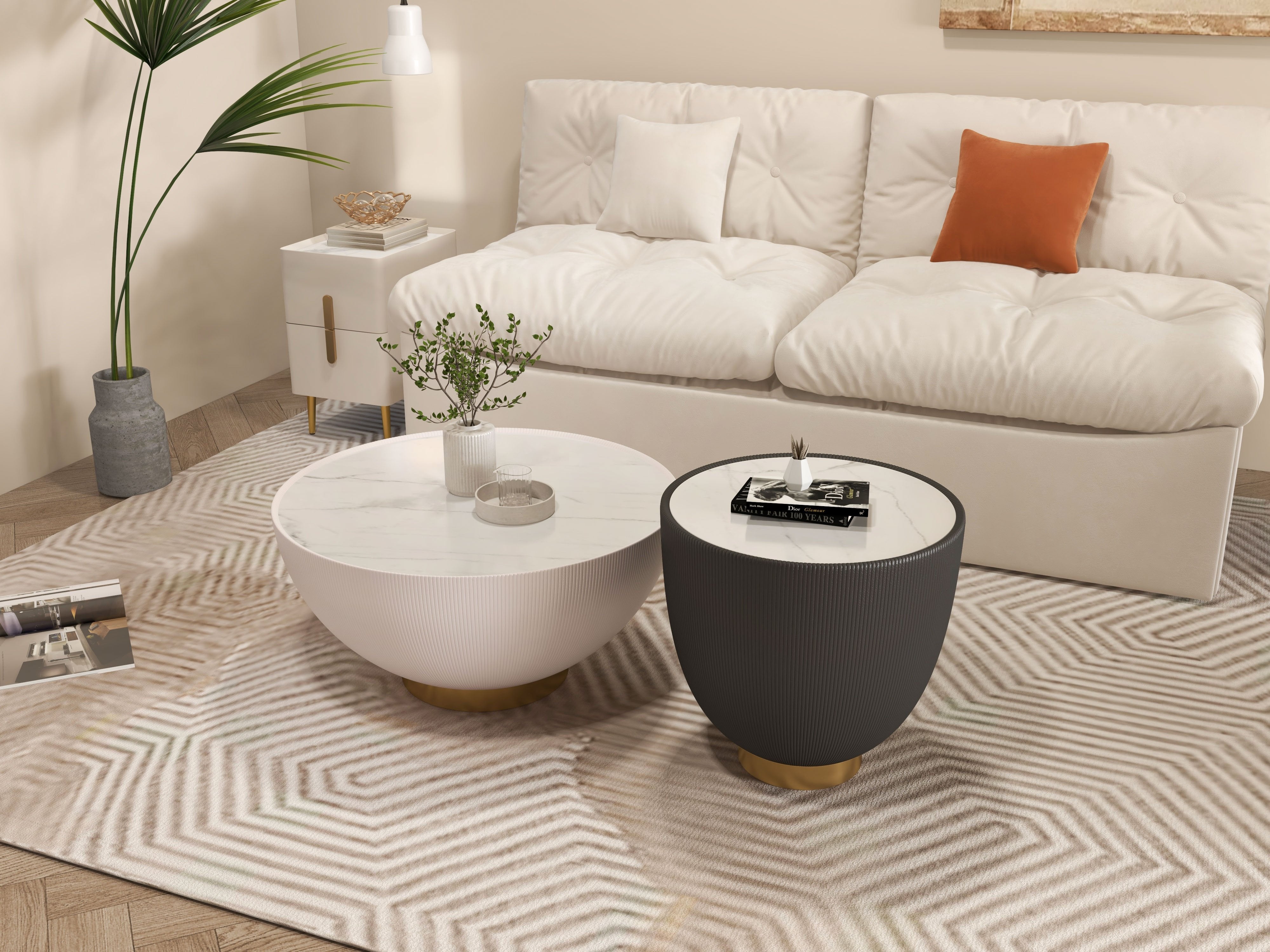 HMR - Inarrow Modern Nightstand Bedside Table with 2 Drawers in Gold Legs