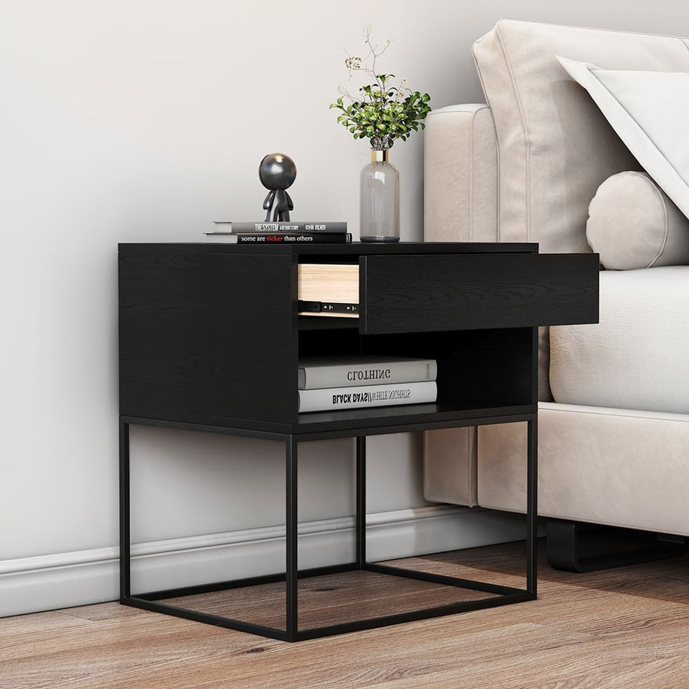 HMR - Modern Nightstand with Drawer Bedside Table Metal Base