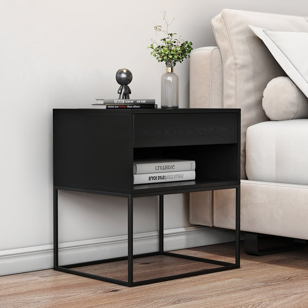 HMR - Modern Nightstand with Drawer Bedside Table Metal Base