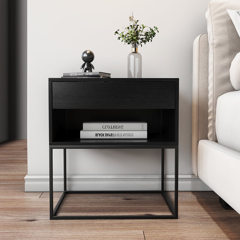 HMR - Modern Nightstand with Drawer Bedside Table Metal Base