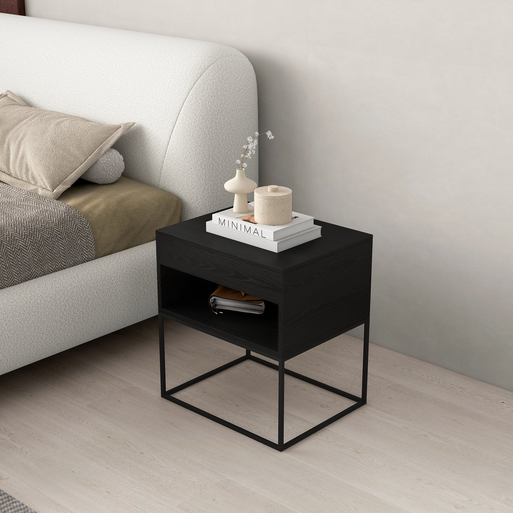 HMR - Modern Nightstand with Drawer Bedside Table Metal Base