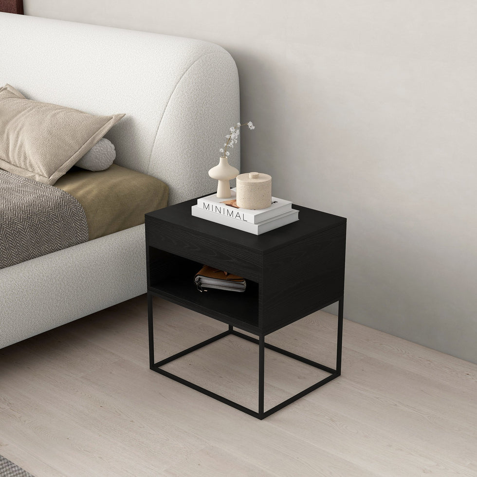 HMR - Modern Nightstand with Drawer Bedside Table Metal Base