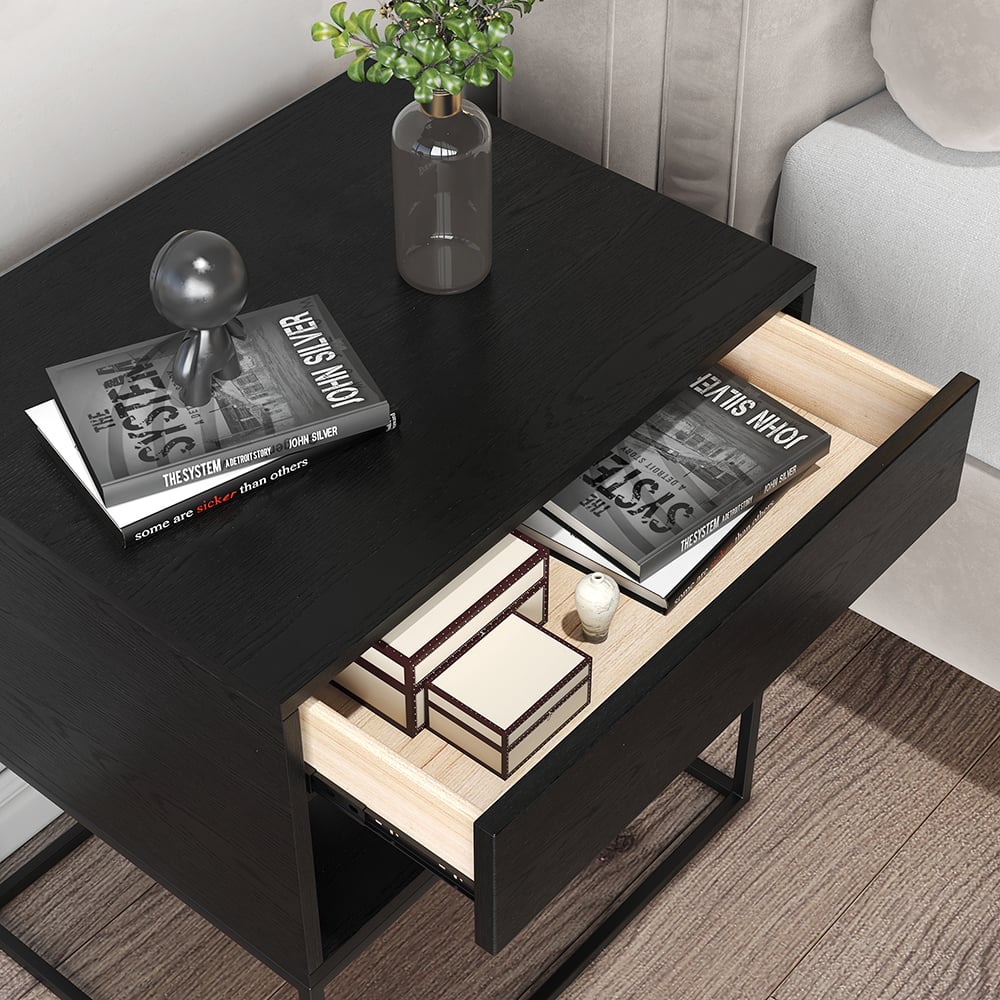 HMR - Modern Nightstand with Drawer Bedside Table Metal Base