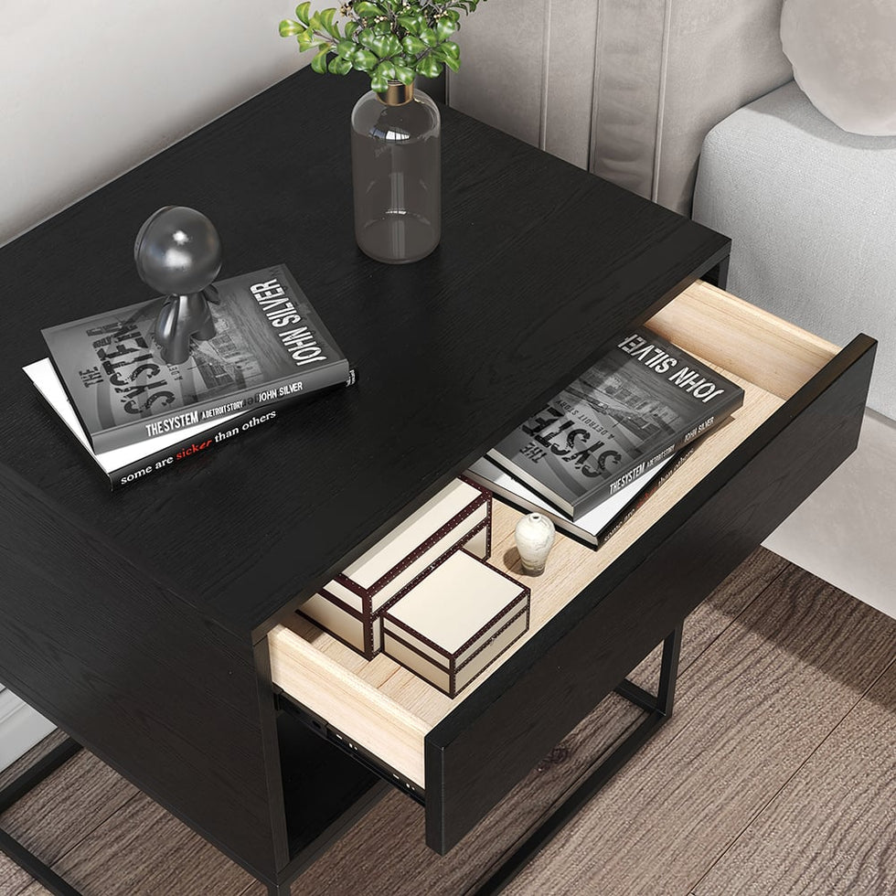 HMR - Modern Nightstand with Drawer Bedside Table Metal Base