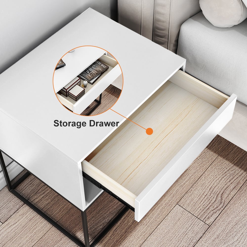 HMR - Modern Nightstand with Drawer Bedside Table Metal Base