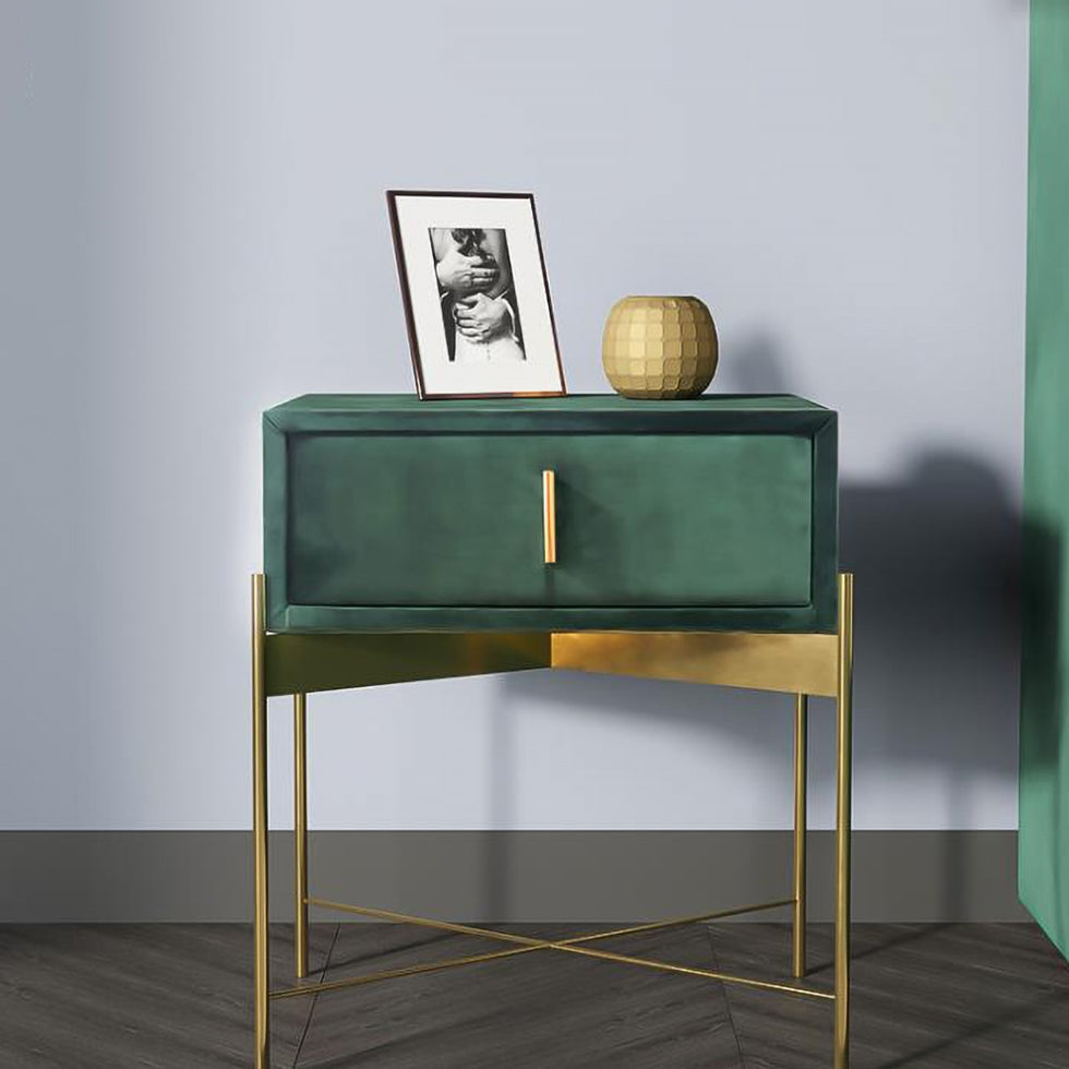 HMR - Velvet Upholstered Nightstand with Stainless Steel Base in Single Drawer