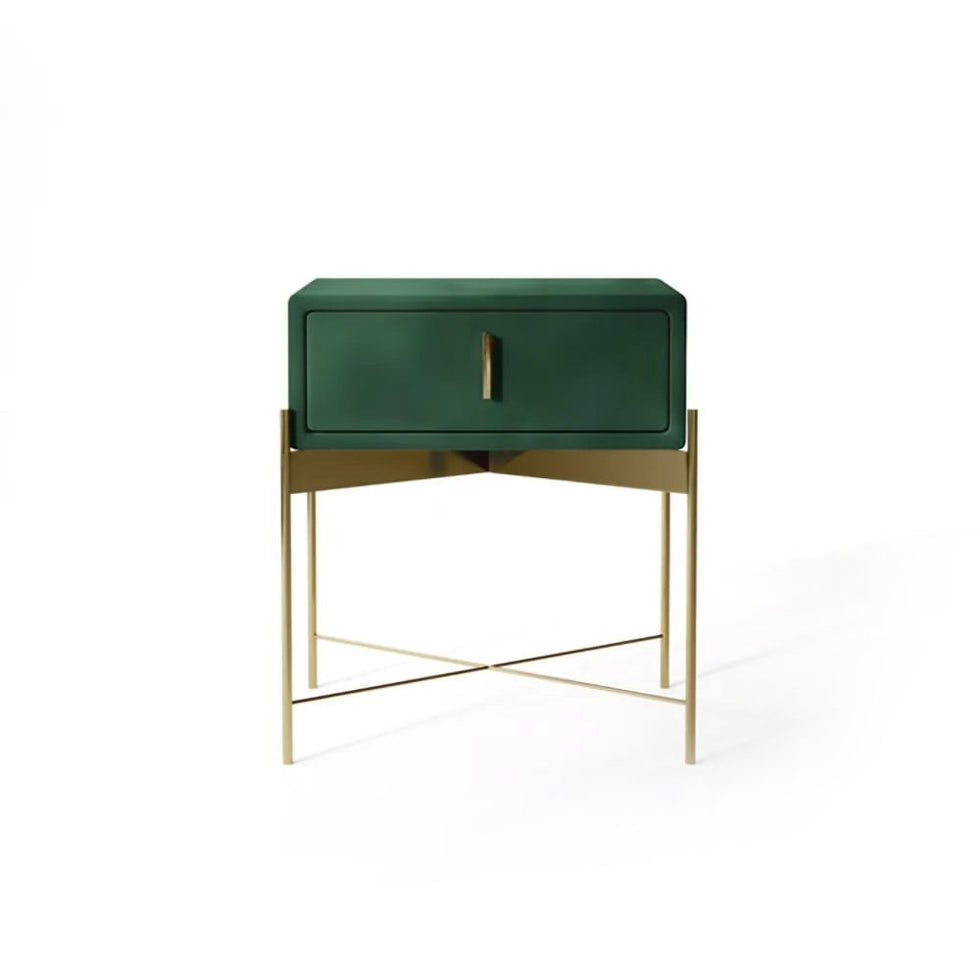 HMR - Velvet Upholstered Nightstand with Stainless Steel Base in Single Drawer