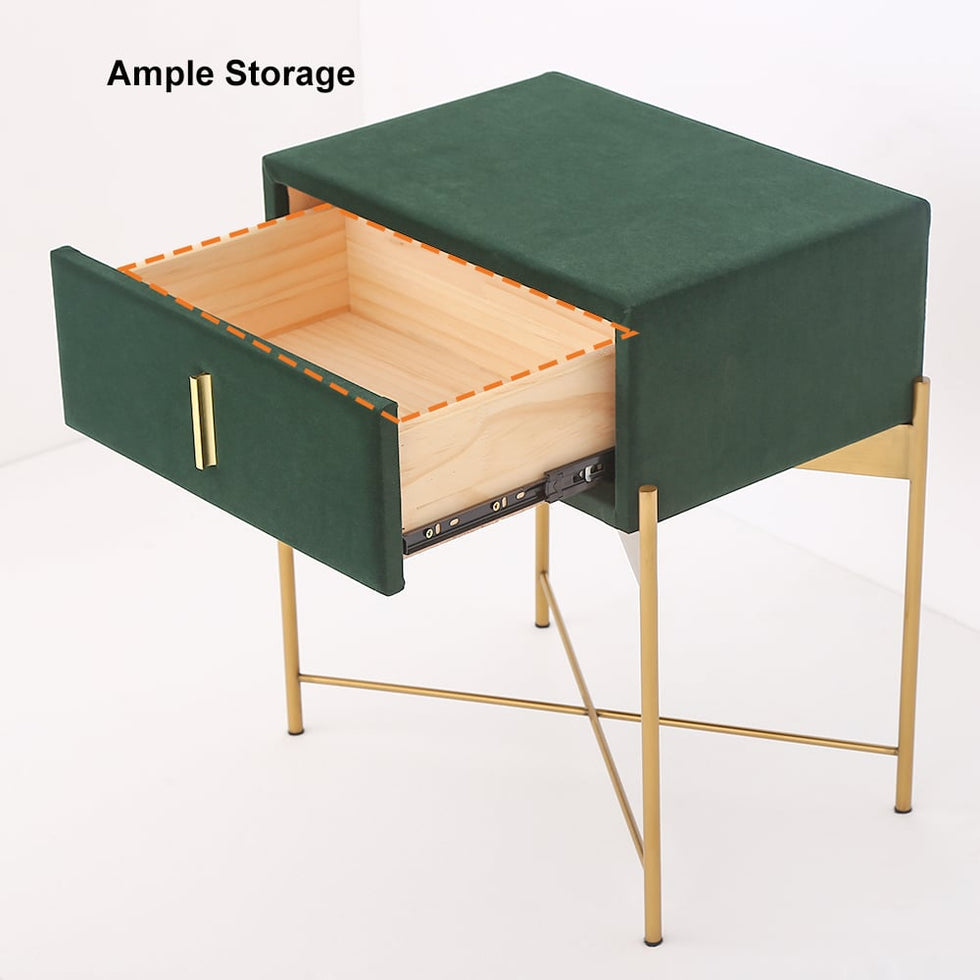 HMR - Velvet Upholstered Nightstand with Stainless Steel Base in Single Drawer