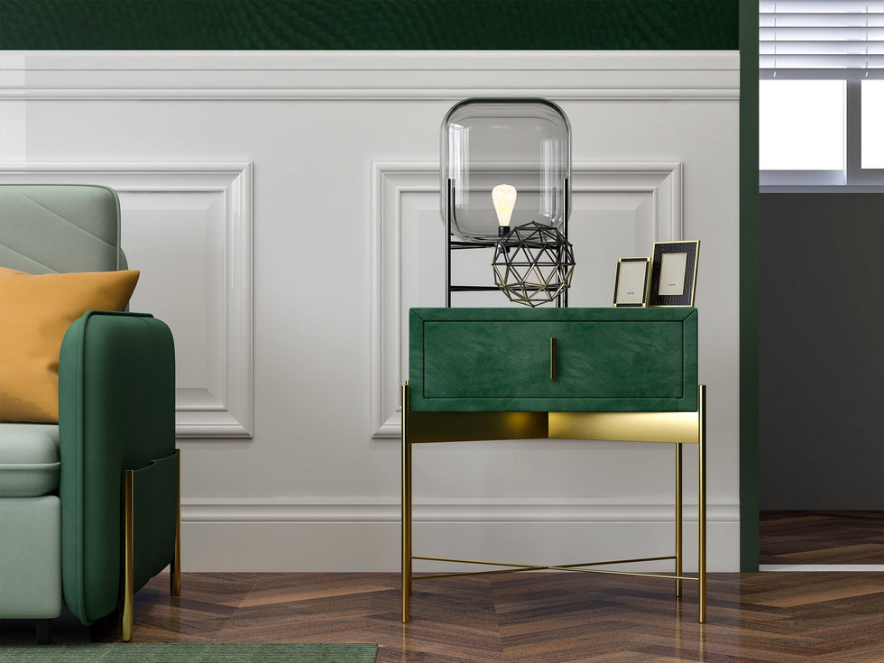 HMR - Velvet Upholstered Nightstand with Stainless Steel Base in Single Drawer