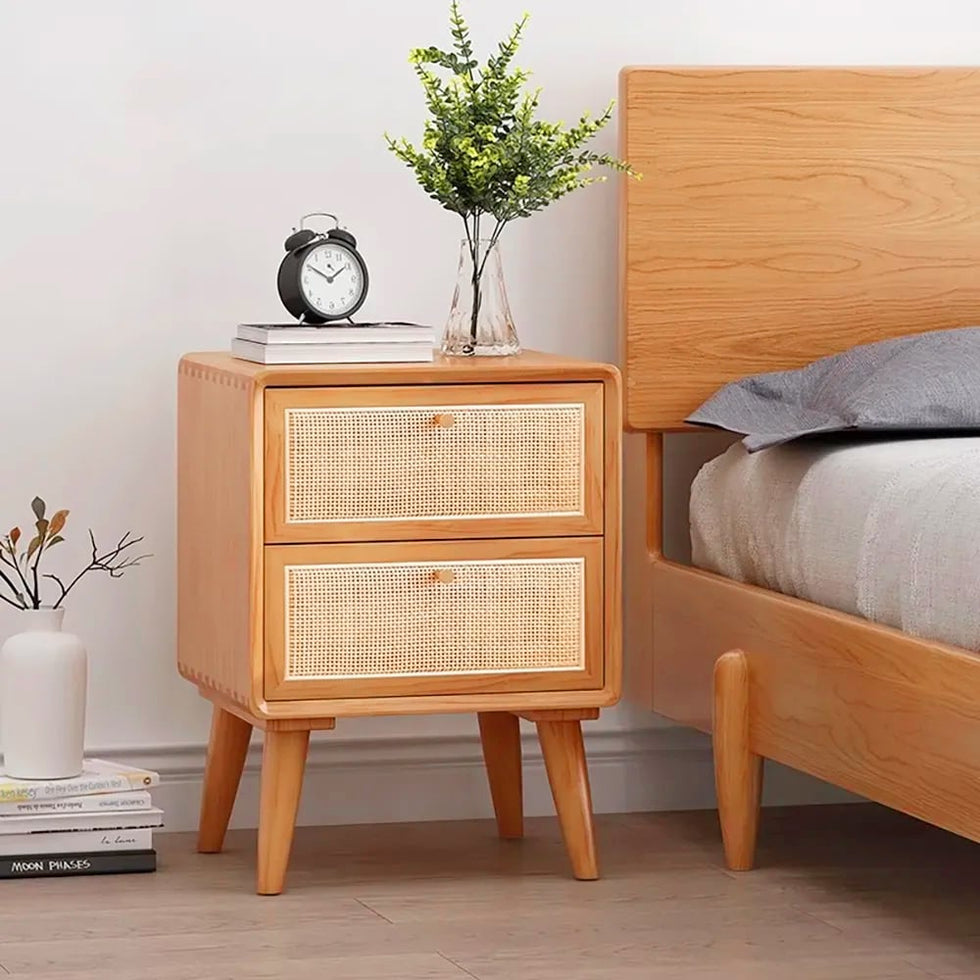 HMR - Natural Rattan 2-Drawer Nightstand in Cherry