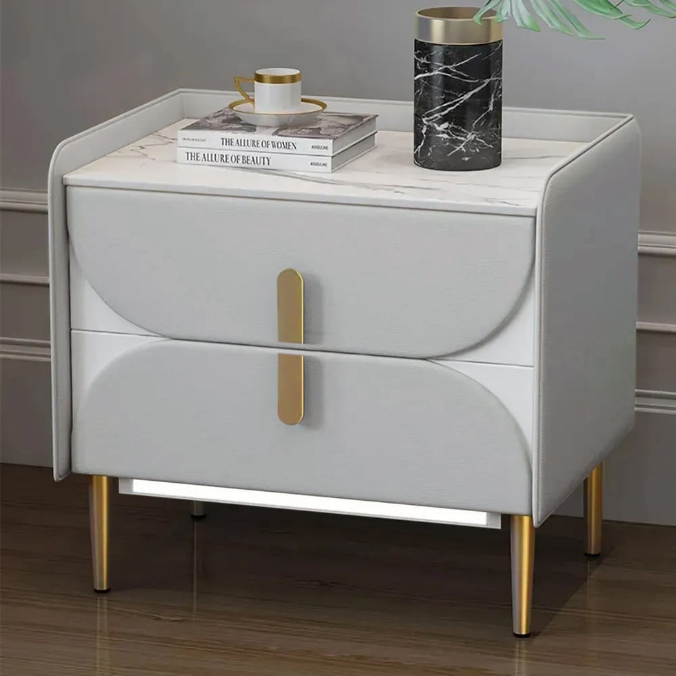HMR - Microfiber Leather Upholstered Nightstand with Sintered Stone Top and LED Light in Gray