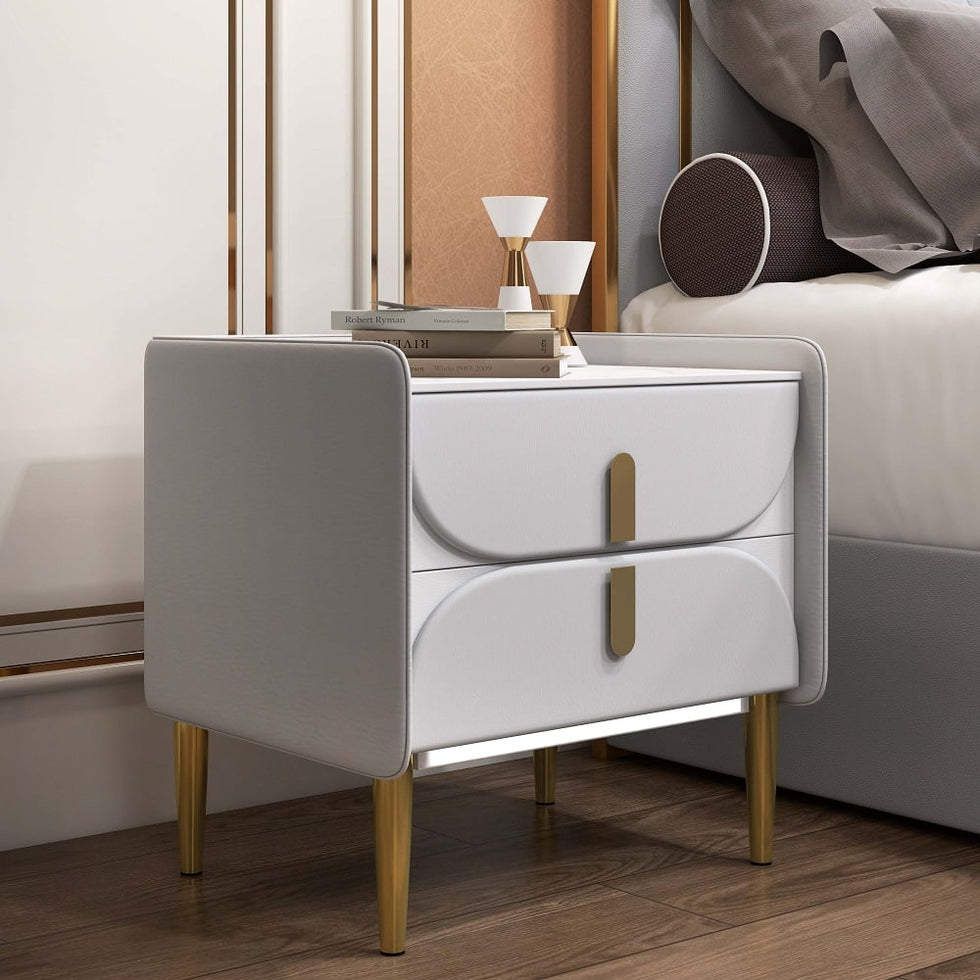 HMR - Microfiber Leather Upholstered Nightstand with Sintered Stone Top and LED Light in Gray