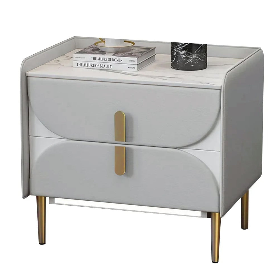 HMR - Microfiber Leather Upholstered Nightstand with Sintered Stone Top and LED Light in Gray
