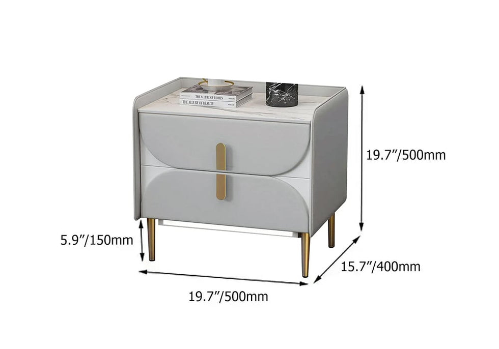 HMR - Microfiber Leather Upholstered Nightstand with Sintered Stone Top and LED Light in Gray