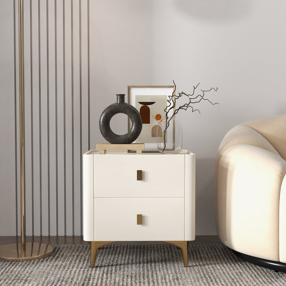 HMR - 2-Drawer Nightstand with Sintered Stone Top in Off-White