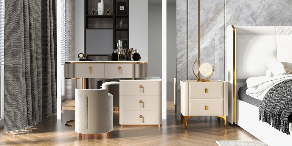 HMR - 2-Drawer Nightstand with Sintered Stone Top in Off-White