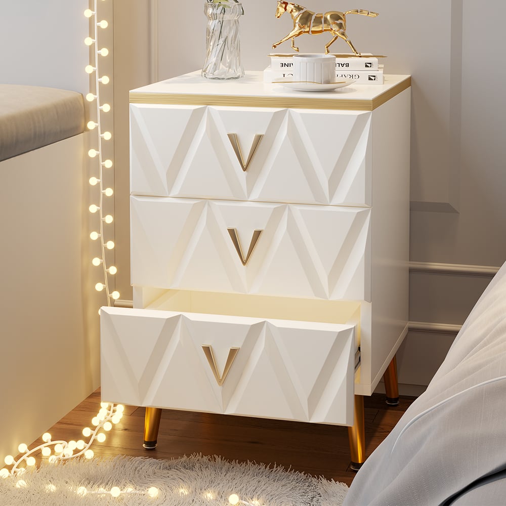 HMR - Nordic 3-Drawer Nightstand with V-Shaped Gold Pulls