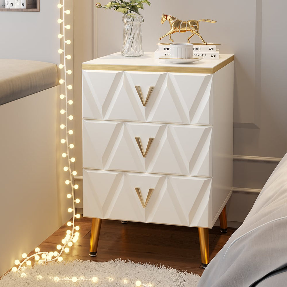 HMR - Nordic 3-Drawer Nightstand with V-Shaped Gold Pulls