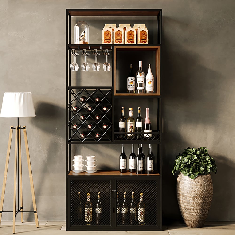 HMR - Industrial Bar Wine Rack Cabinet with Glass Holder