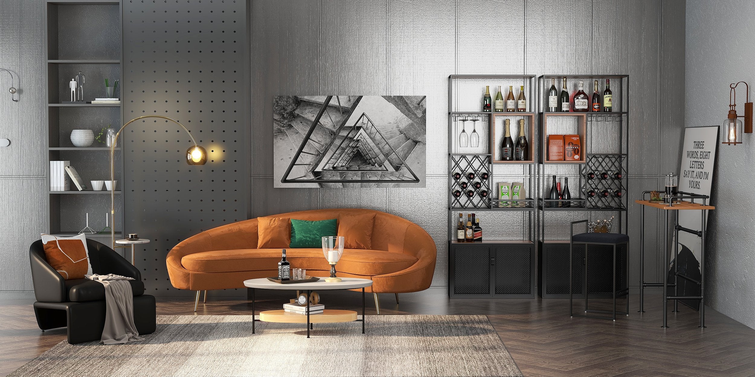 HMR - Industrial Bar Wine Rack Cabinet with Glass Holder