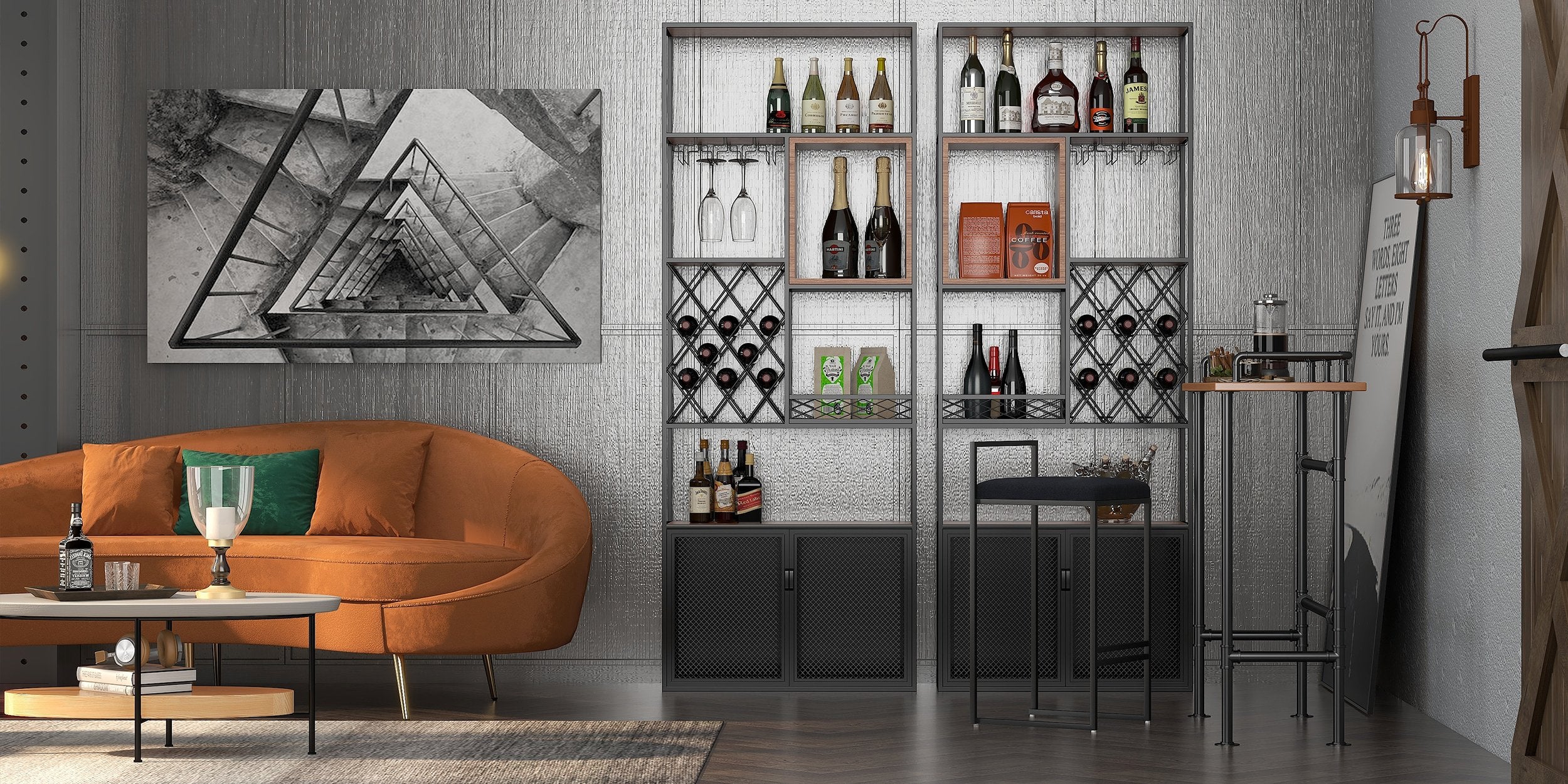 HMR - Industrial Bar Wine Rack Cabinet with Glass Holder