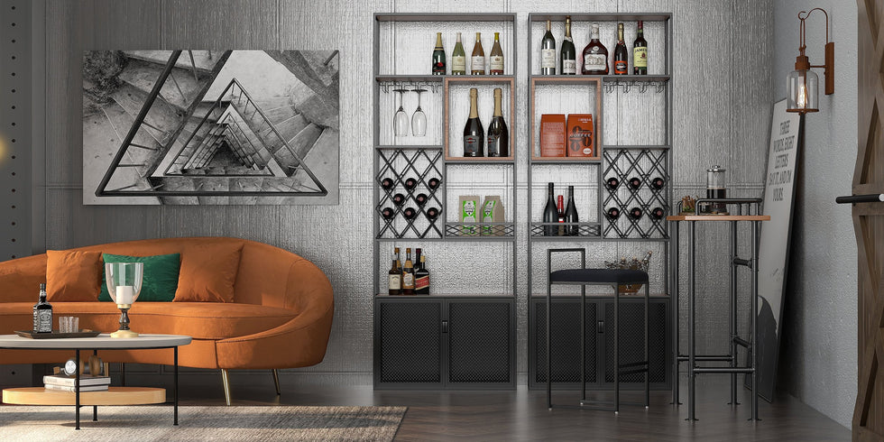 HMR - Industrial Bar Wine Rack Cabinet with Glass Holder