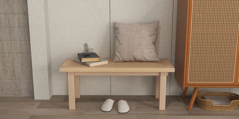 HMR - Farmhouse Woven Rattan Entryway Bench in Natural