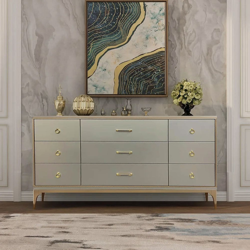 HMR - 9-Drawer Bedroom Dresser for Storage in 63"W, Champagne and Gold