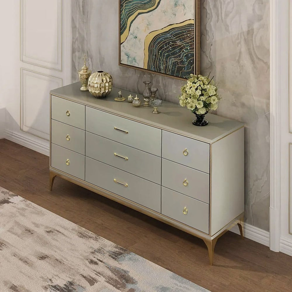 HMR - 9-Drawer Bedroom Dresser for Storage in 63"W, Champagne and Gold