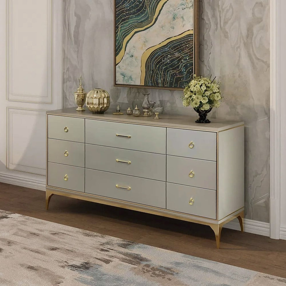 HMR - 9-Drawer Bedroom Dresser for Storage in 63"W, Champagne and Gold