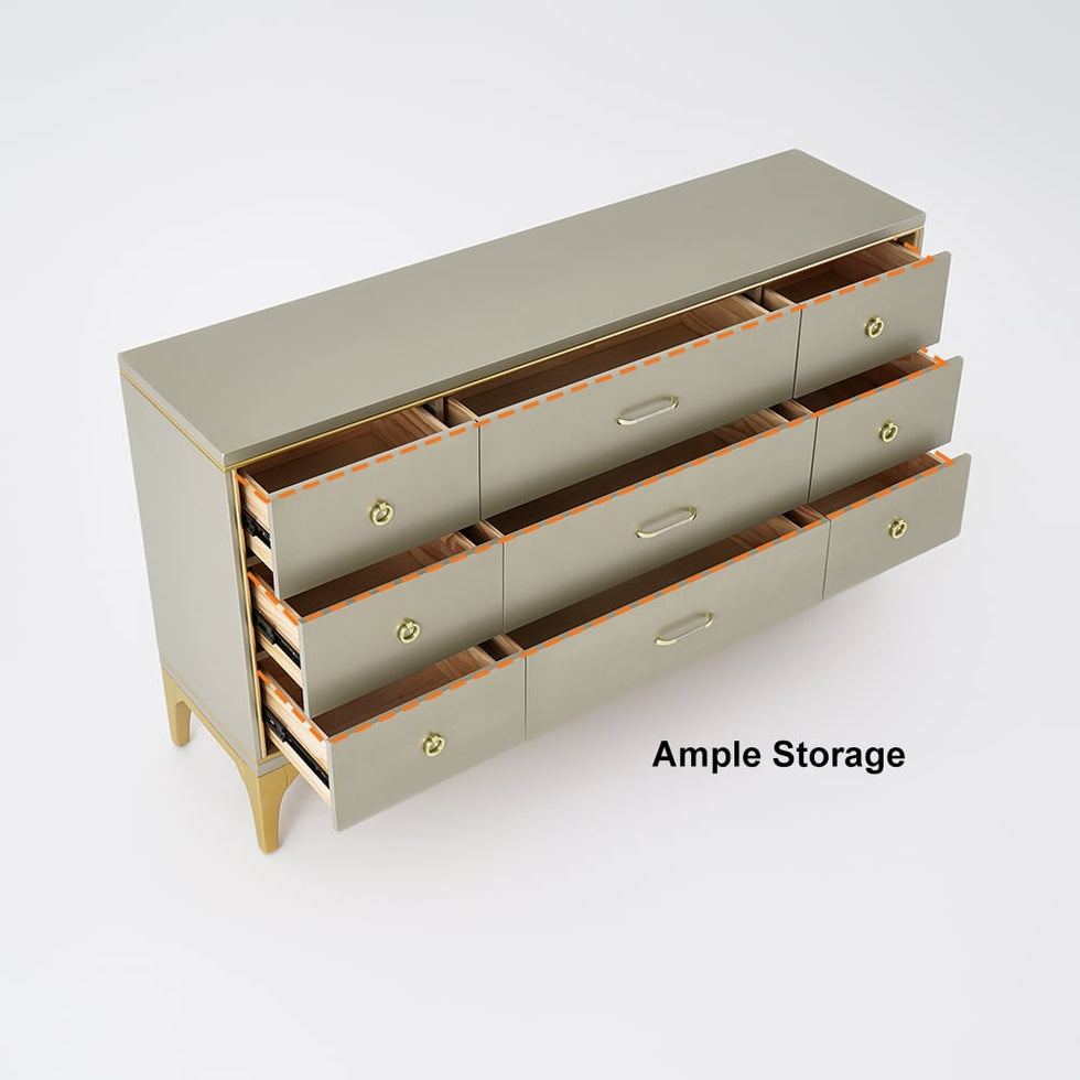 HMR - 9-Drawer Bedroom Dresser for Storage in 63"W, Champagne and Gold