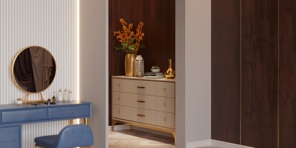 HMR - 9-Drawer Bedroom Dresser for Storage in 63"W, Champagne and Gold