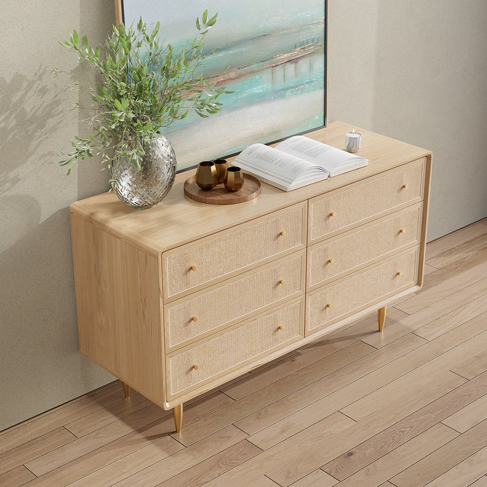 HMR - Dresser with 6 Drawers Rattan Woven in 53"W, Natural, Gold
