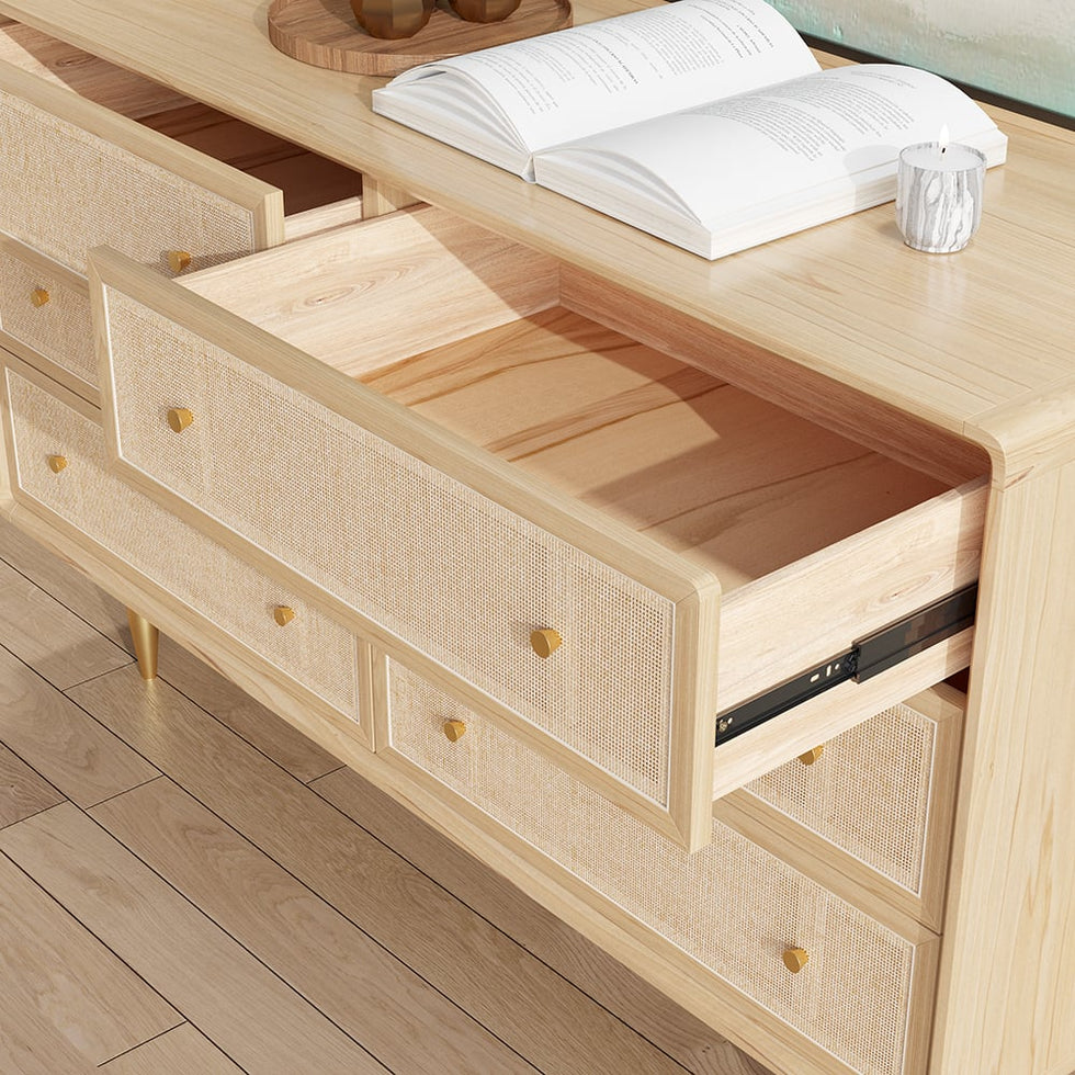 HMR - Dresser with 6 Drawers Rattan Woven in 53"W, Natural, Gold