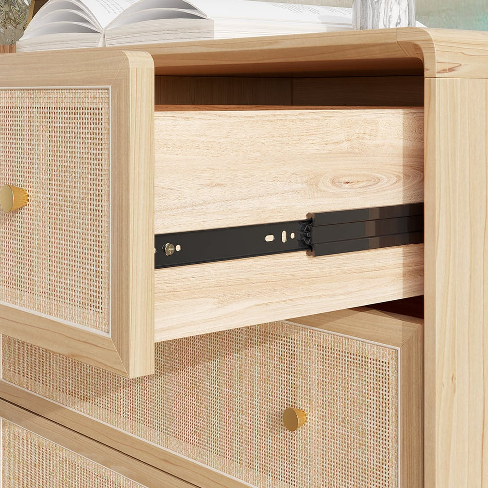 HMR - Dresser with 6 Drawers Rattan Woven in 53"W, Natural, Gold