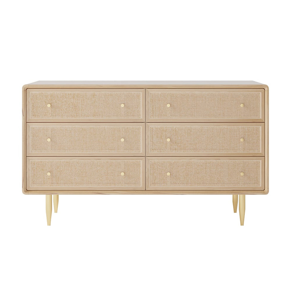 HMR - Dresser with 6 Drawers Rattan Woven in 53"W, Natural, Gold