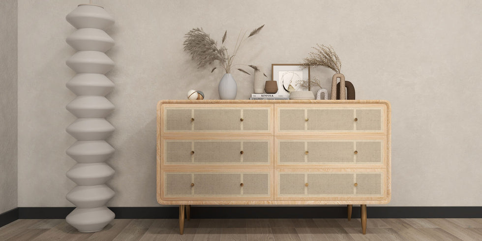 HMR - Dresser with 6 Drawers Rattan Woven in 53"W, Natural, Gold