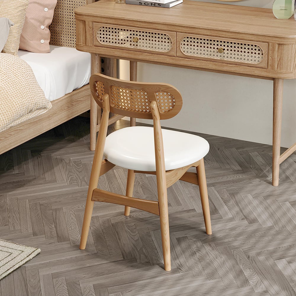HMR - Japandi Modern Wood Dining Chair with Faux Leather Upholstery