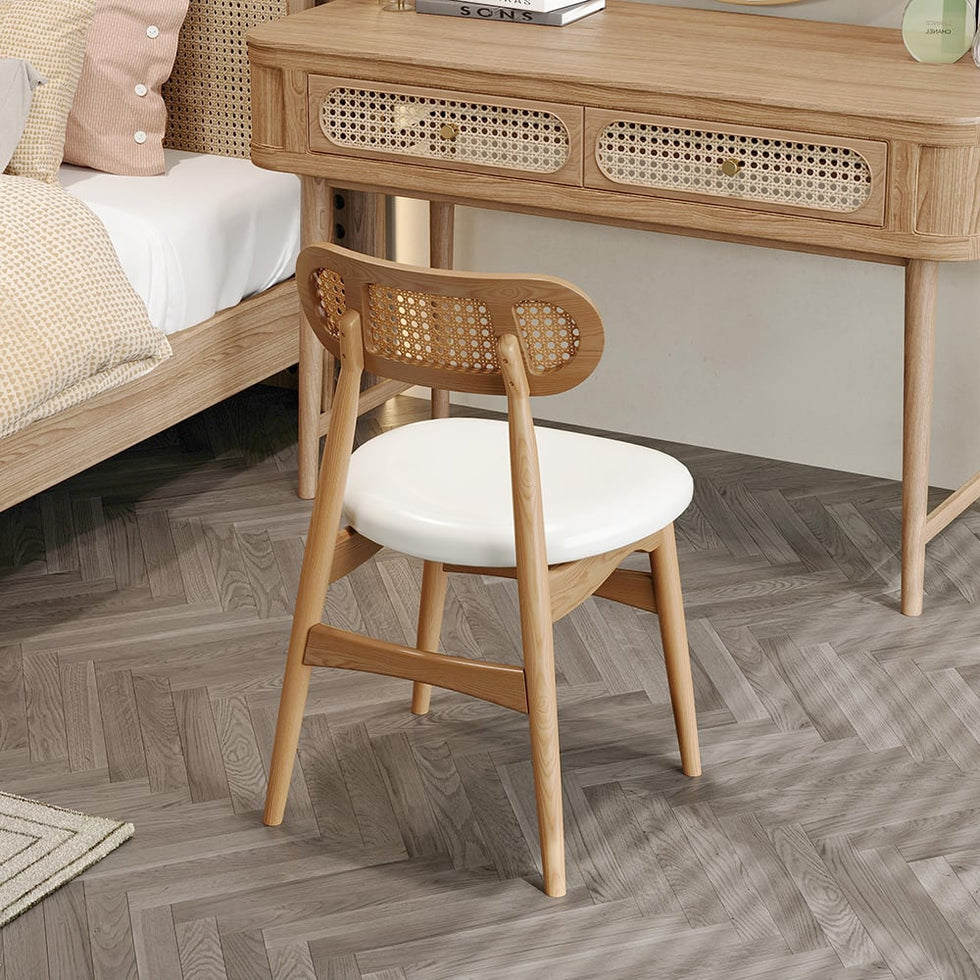 HMR - Japandi Modern Wood Dining Chair with Faux Leather Upholstery