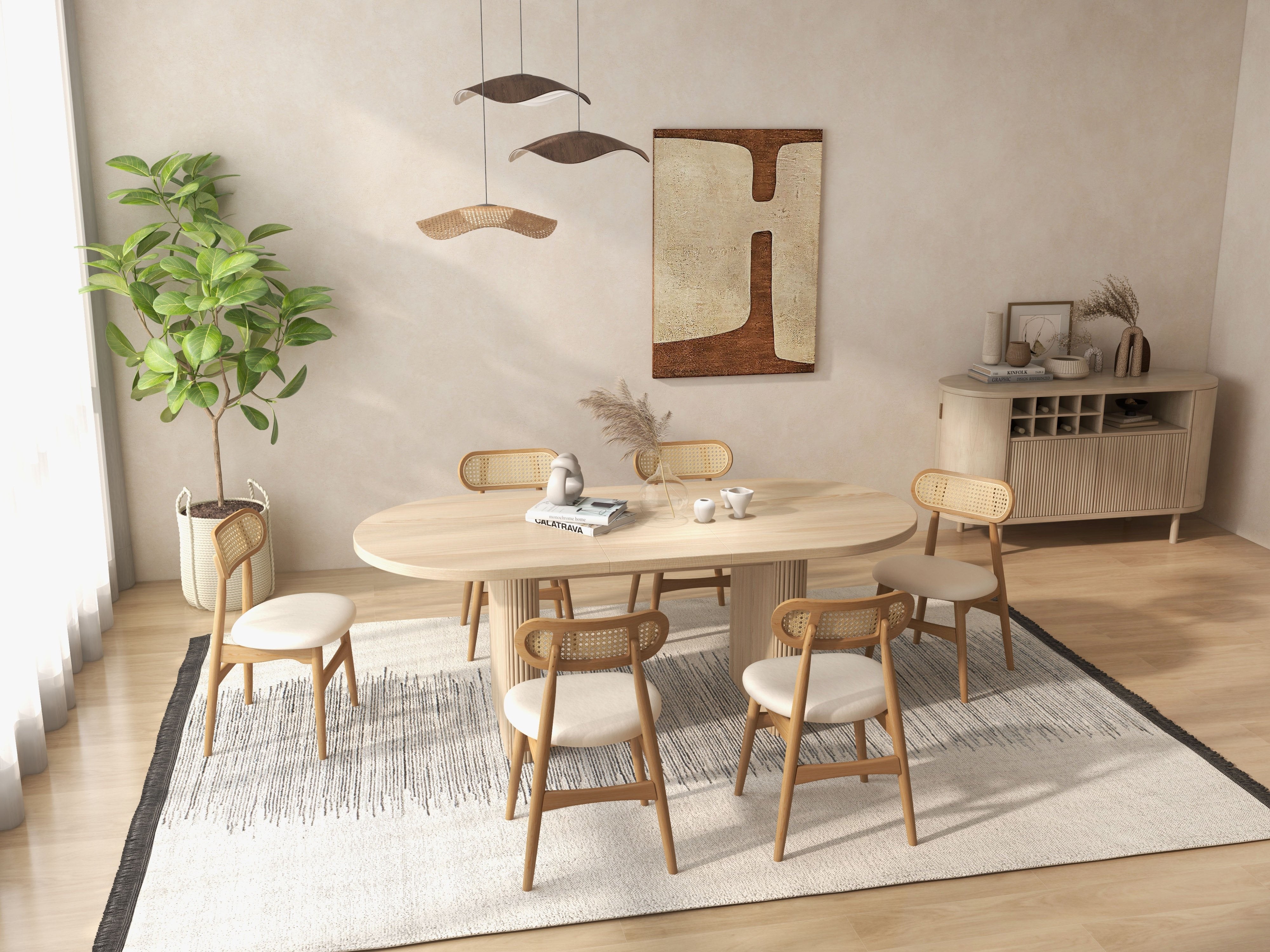 HMR - Japandi Modern Wood Dining Chair with Faux Leather Upholstery
