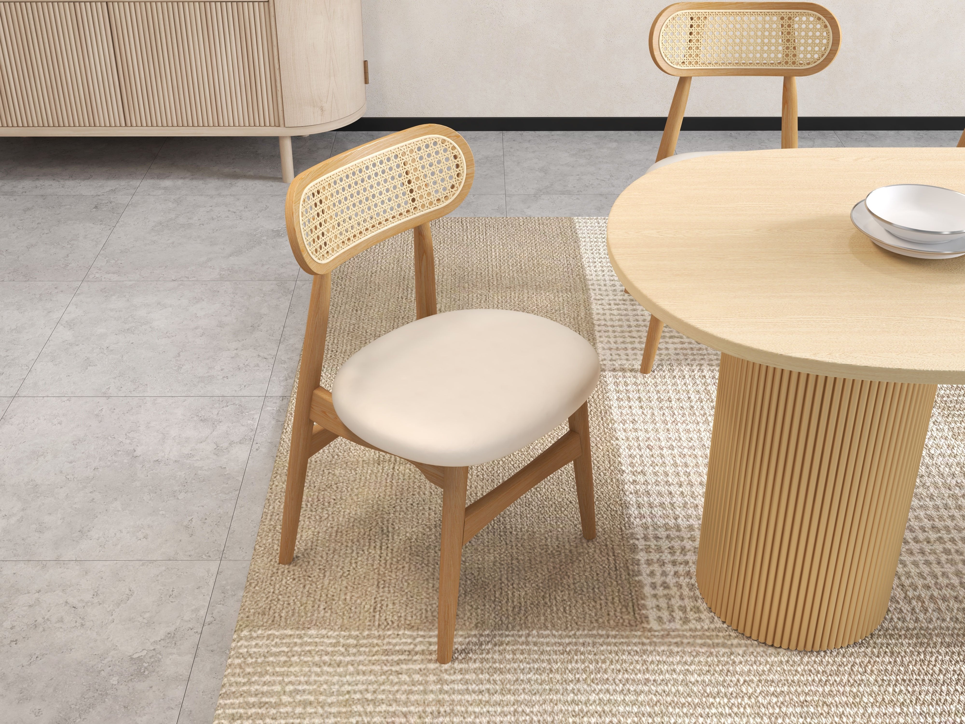 HMR - Japandi Modern Wood Dining Chair with Faux Leather Upholstery