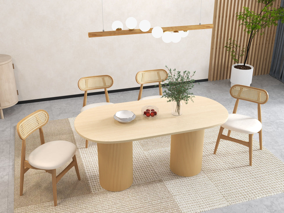 HMR - Japandi Modern Wood Dining Chair with Faux Leather Upholstery
