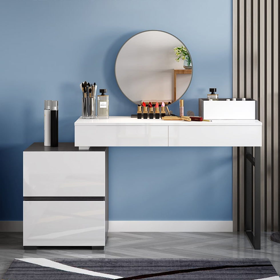 HMR - Glossy Vanity Table with Mirror and Side Cabinet in Black and White