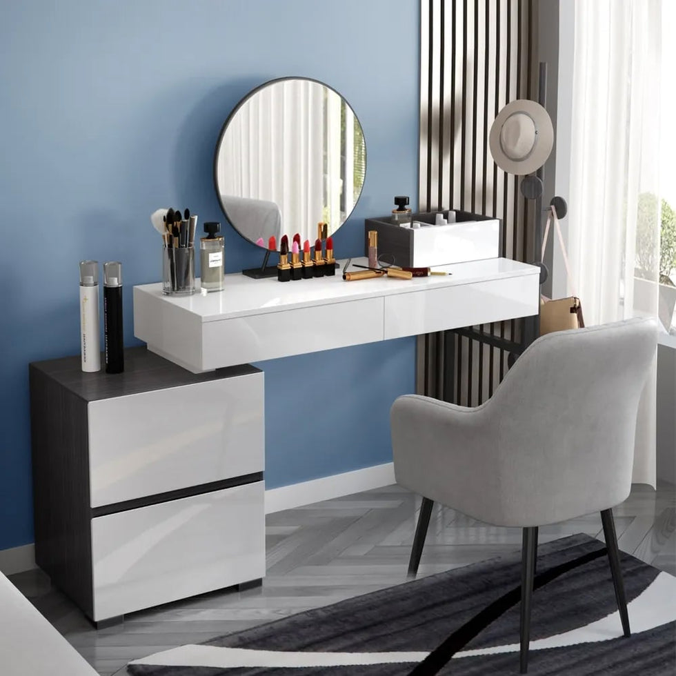 HMR - Glossy Vanity Table with Mirror and Side Cabinet in Black and White
