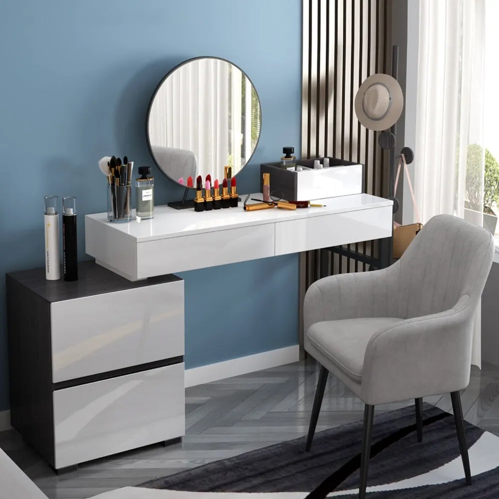 HMR - Glossy Vanity Table with Mirror and Side Cabinet in Black and White