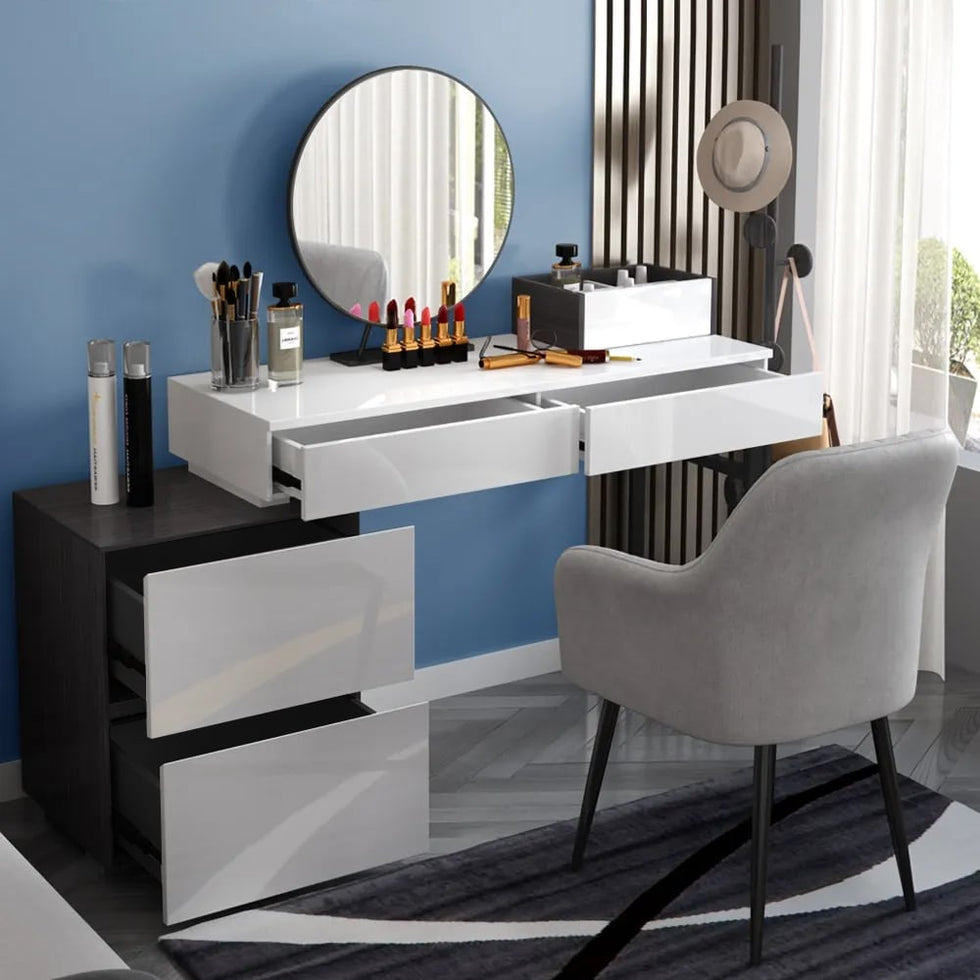 HMR - Glossy Vanity Table with Mirror and Side Cabinet in Black and White