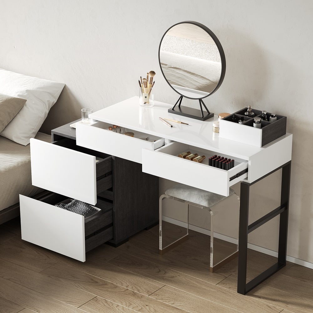 HMR - Glossy Vanity Table with Mirror and Side Cabinet in Black and White